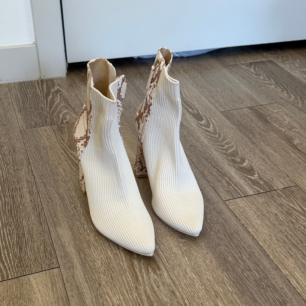 Pashion Footwear Cream Ribbed Sock Booties with Brown Snake-Print Heel